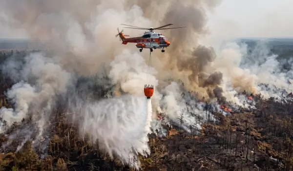 ilustrasi helikopter pemadam kebakaran sedang menjatuhkan air di atas kawasan hutan yang terbakar